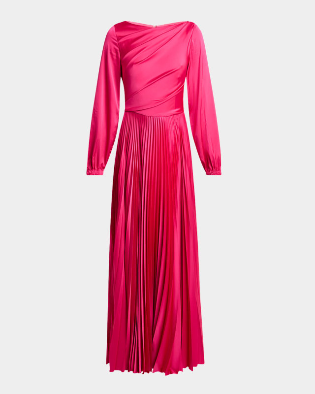 Pleated Voile Satin Long-Sleeve Gown